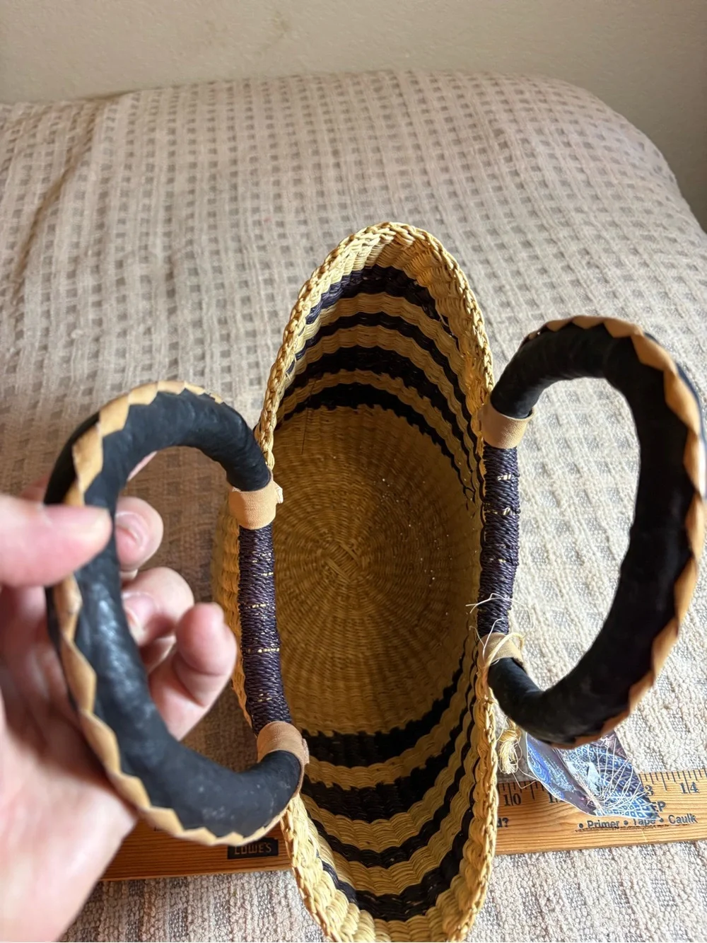 Handwoven Straw Tote Bag with Black Accent Handles